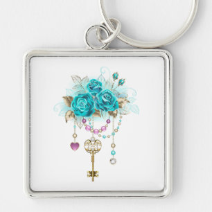 Turquoise Roses with Keys Key Ring