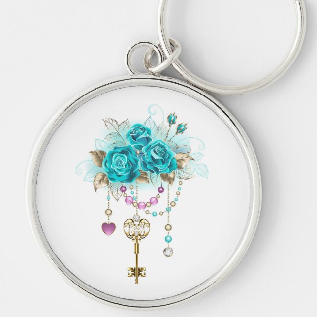 Turquoise Roses with Keys Key Ring (Front)