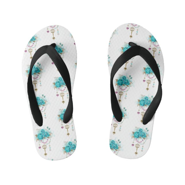 Turquoise Roses with Keys Kid's Flip Flops (Footbed)