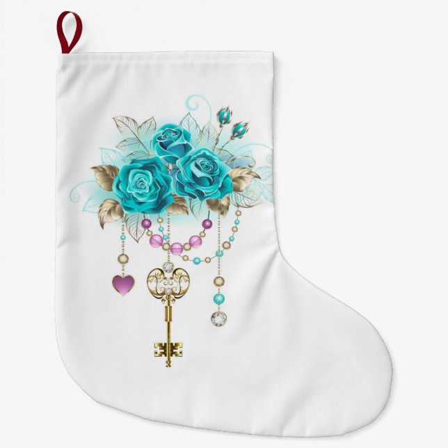 Turquoise Roses with Keys Large Christmas Stocking (Front)