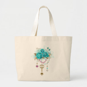Turquoise Roses with Keys Large Tote Bag