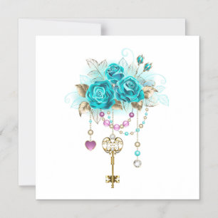 Turquoise Roses with Keys Magnetic Invitation
