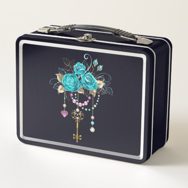 Turquoise Roses with Keys Metal Lunch Box (Front)