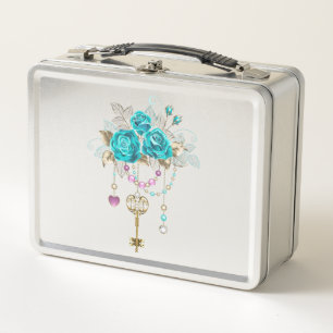 Turquoise Roses with Keys Metal Lunch Box