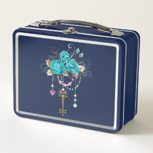 Turquoise Roses with Keys Metal Lunch Box