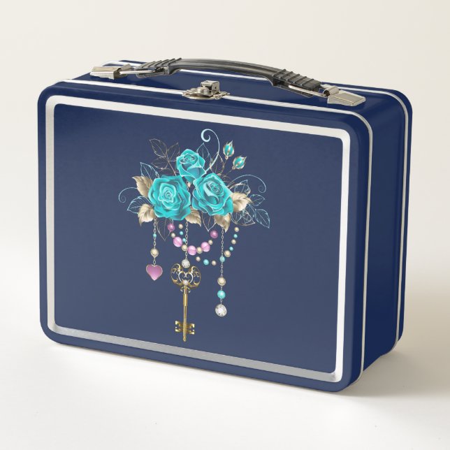Turquoise Roses with Keys Metal Lunch Box (Front)