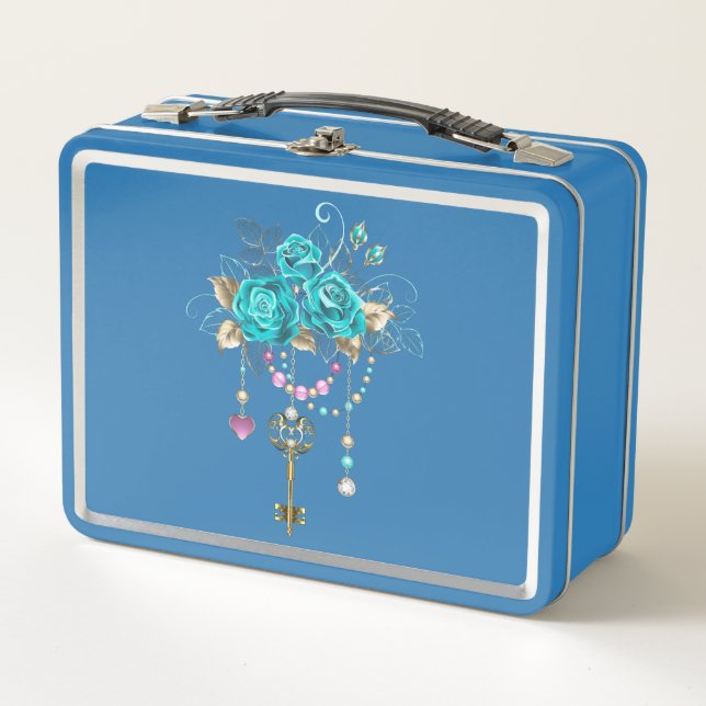 Turquoise Roses with Keys Metal Lunch Box (Front)