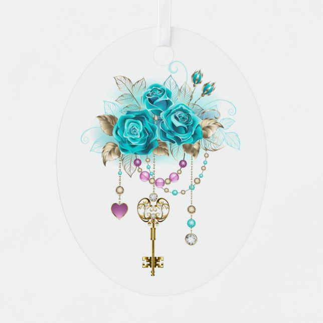 Turquoise Roses with Keys Metal Tree Decoration (Front)