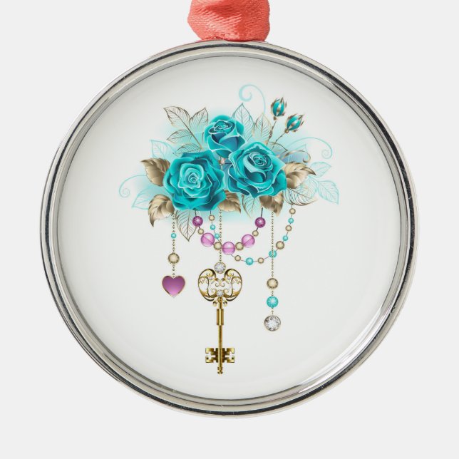 Turquoise Roses with Keys Metal Tree Decoration (Front)