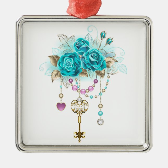 Turquoise Roses with Keys Metal Tree Decoration (Front)