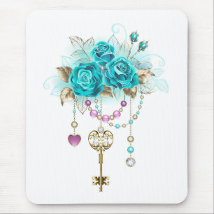 Turquoise Roses with Keys Mouse Mat
