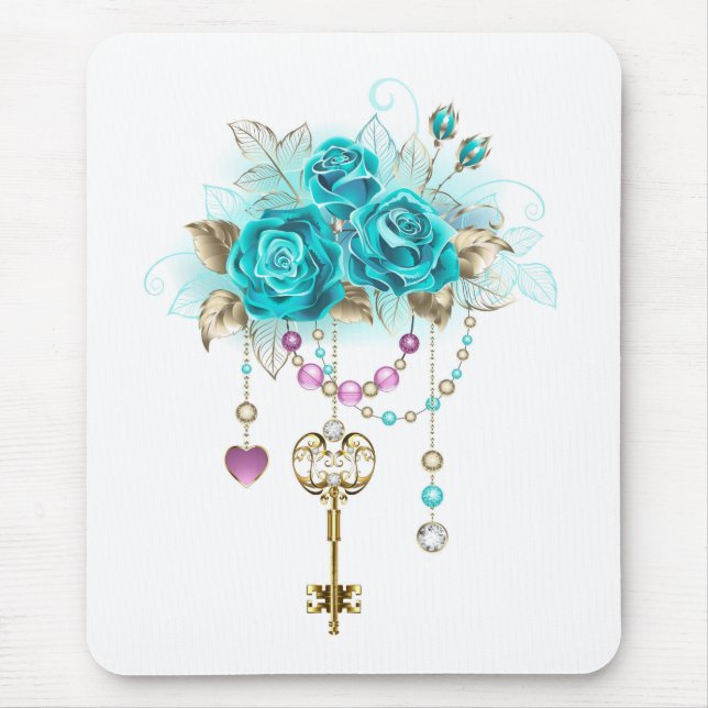 Turquoise Roses with Keys Mouse Mat (Front)