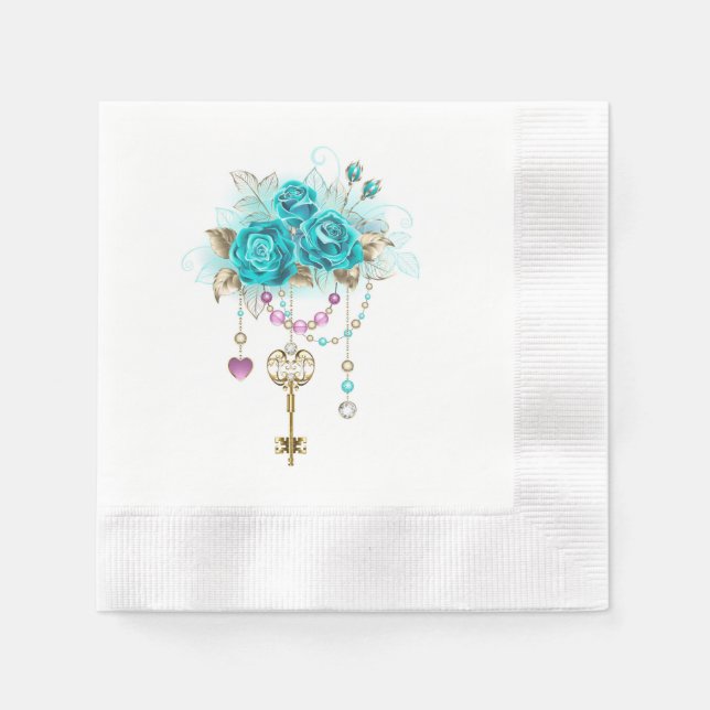 Turquoise Roses with Keys Napkin (Front)