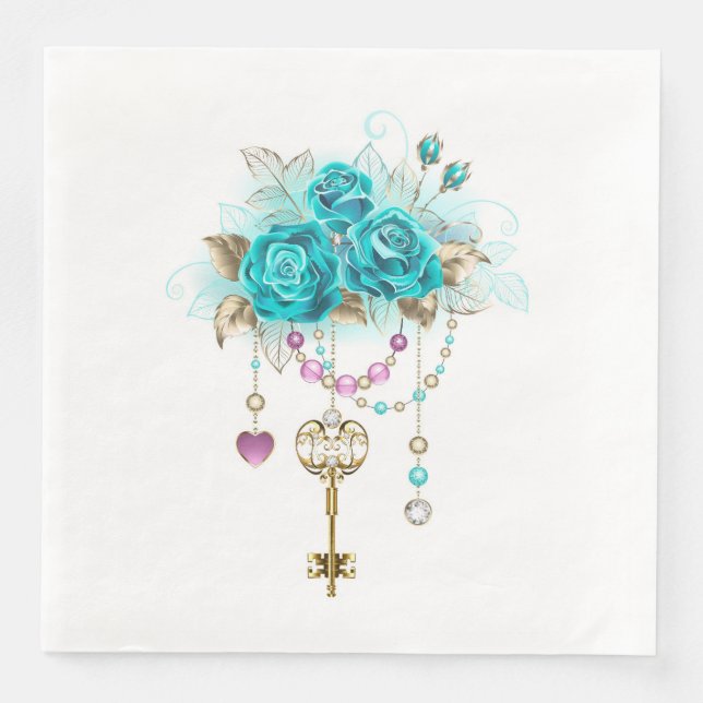 Turquoise Roses with Keys Napkin (Front)