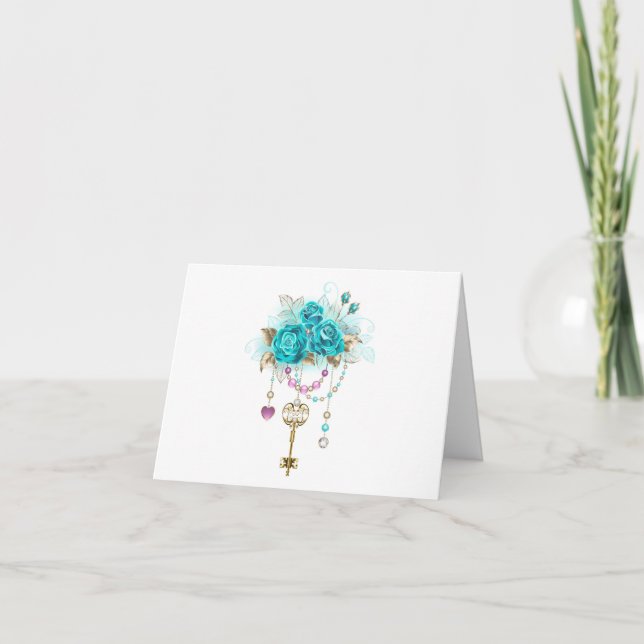 Turquoise Roses with Keys Note Card (Front)