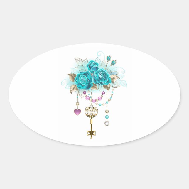 Turquoise Roses with Keys Oval Sticker (Front)
