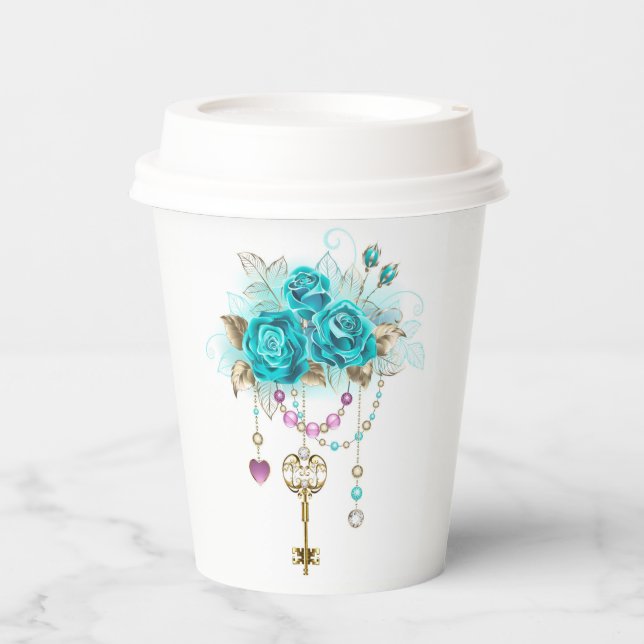Turquoise Roses with Keys Paper Cups (Front)