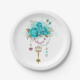 Turquoise Roses with Keys Paper Plate