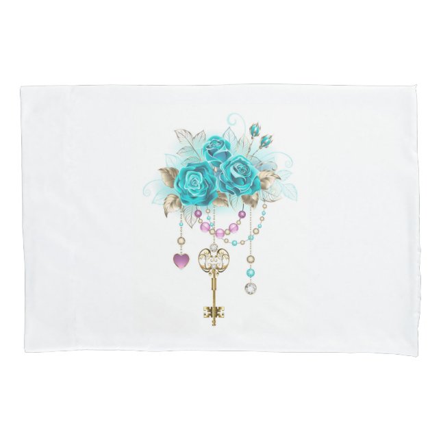 Turquoise Roses with Keys Pillowcase (Front-Left)