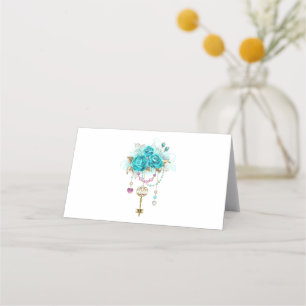 Turquoise Roses with Keys Place Card