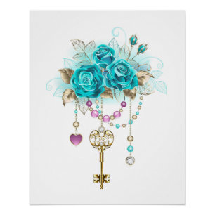 Turquoise Roses with Keys Poster