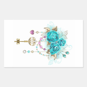 Turquoise Roses with Keys Rectangular Sticker