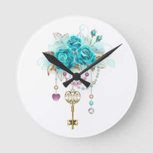 Turquoise Roses with Keys Round Clock