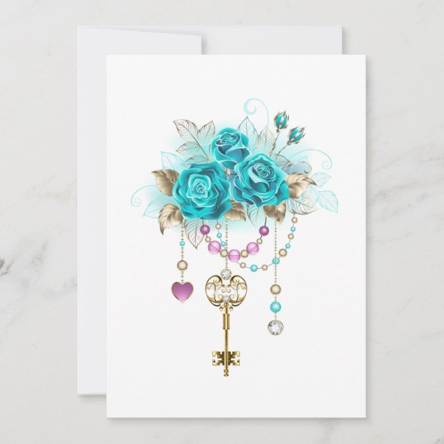 Turquoise Roses with Keys Save The Date (Front)