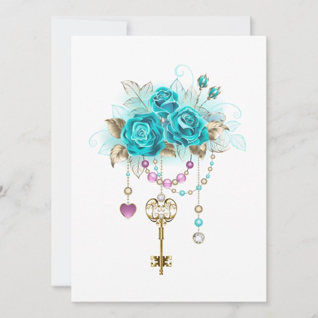 Turquoise Roses with Keys Save The Date (Front)
