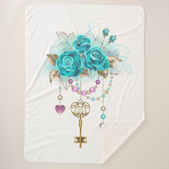 Turquoise Roses with Keys Sherpa Blanket (Front)