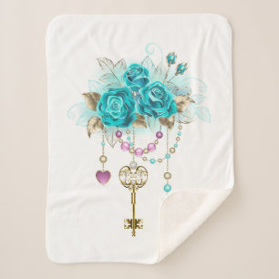 Turquoise Roses with Keys Sherpa Blanket