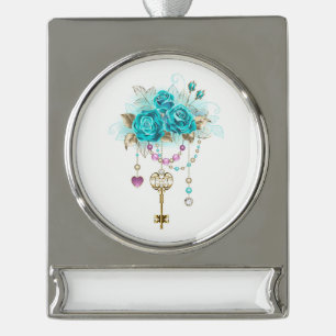 Turquoise Roses with Keys Silver Plated Banner Ornament