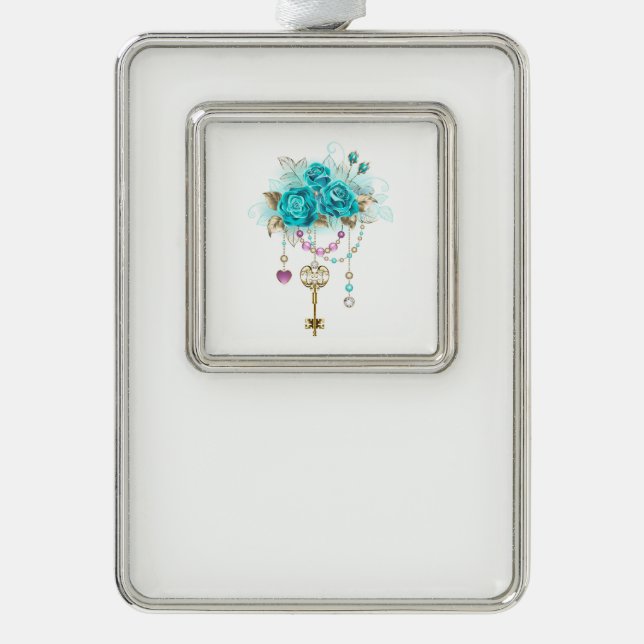 Turquoise Roses with Keys Silver Plated Framed Ornament (Front)