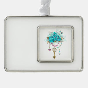 Turquoise Roses with Keys Silver Plated Framed Ornament