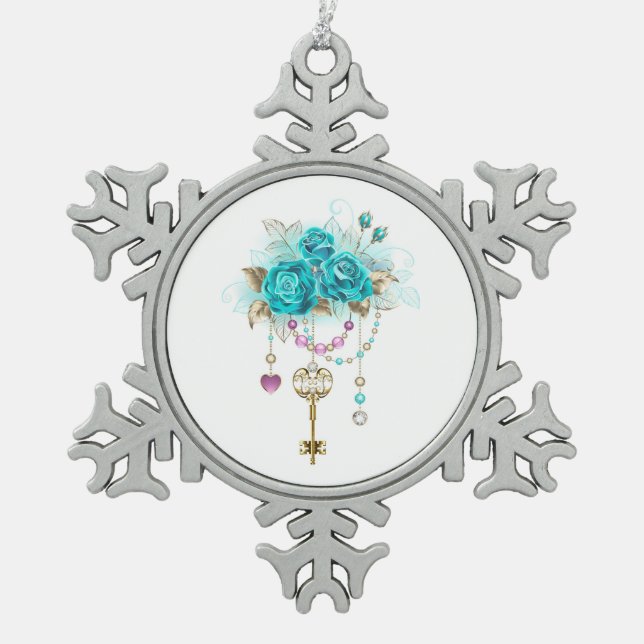 Turquoise Roses with Keys Snowflake Pewter Christmas Ornament (Front)