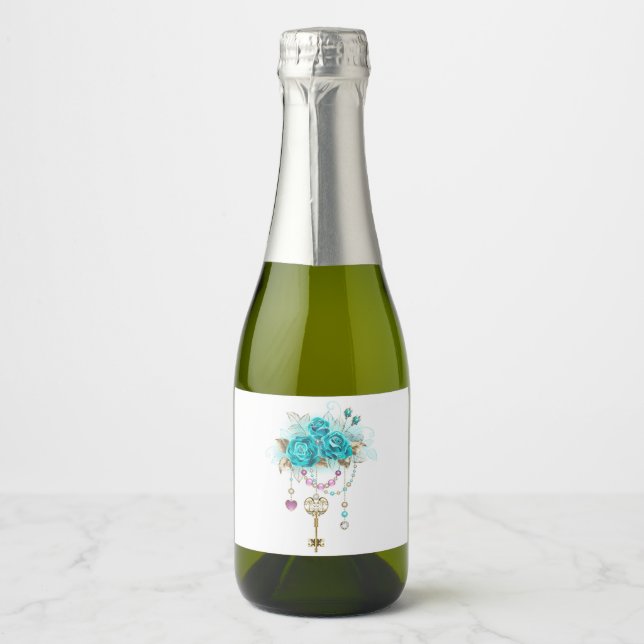 Turquoise Roses with Keys Sparkling Wine Label (Front)