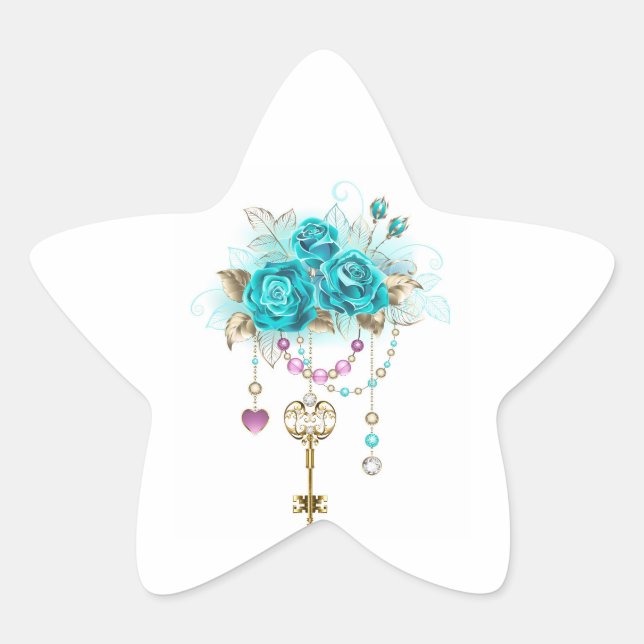 Turquoise Roses with Keys Star Sticker (Front)