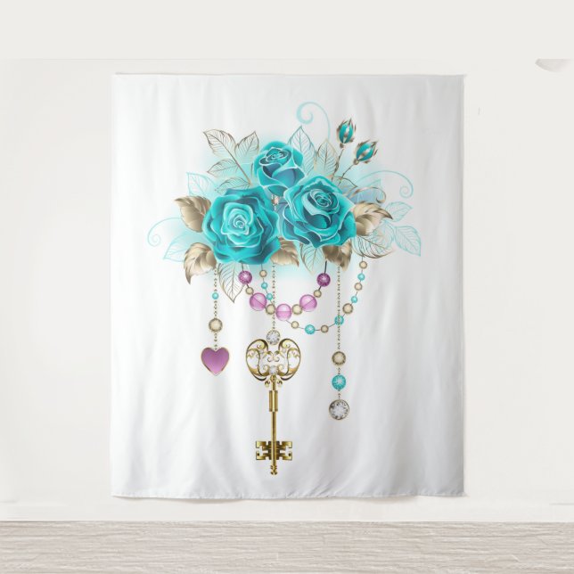 Turquoise Roses with Keys Tapestry (Front)