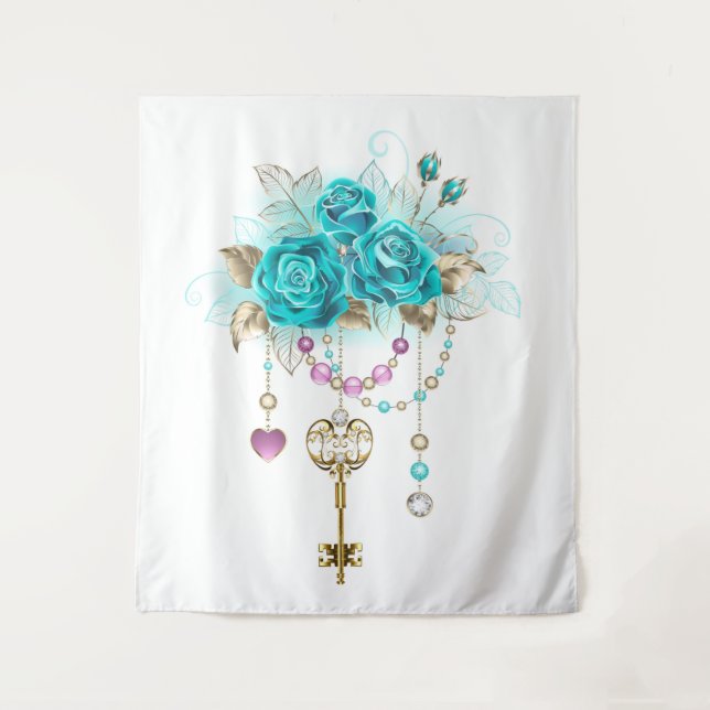 Turquoise Roses with Keys Tapestry (Front)