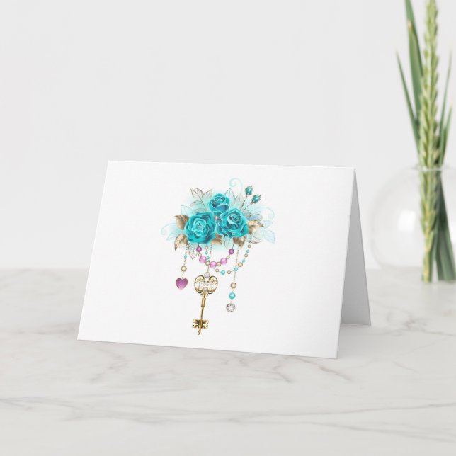 Turquoise Roses with Keys Thank You Card (Front)