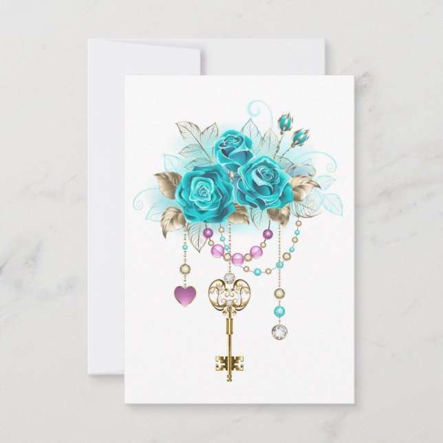 Turquoise Roses with Keys Thank You Card (Front)