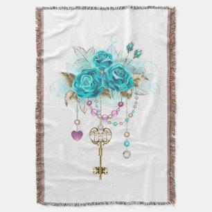 Turquoise Roses with Keys Throw Blanket