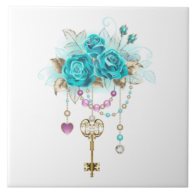 Turquoise Roses with Keys Tile (Front)