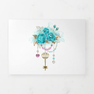 Turquoise Roses with Keys Tri-Fold Holiday Card