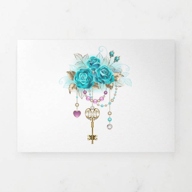 Turquoise Roses with Keys Tri-Fold Holiday Card (Cover)