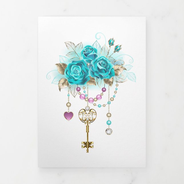 Turquoise Roses with Keys Tri-Fold Holiday Card (Cover)