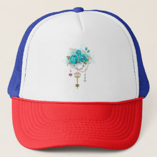 Turquoise Roses with Keys Trucker Hat