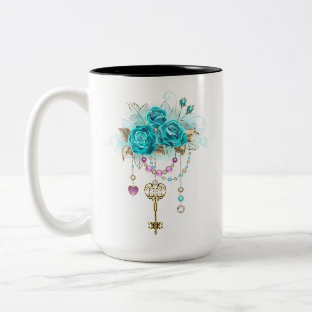 Turquoise Roses with Keys Two-Tone Coffee Mug (Left)