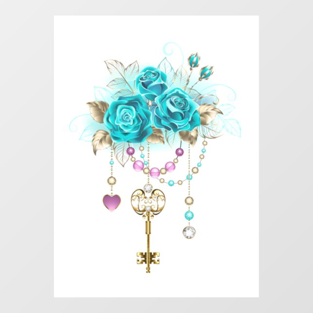 Turquoise Roses with Keys Window Cling (Sheet)