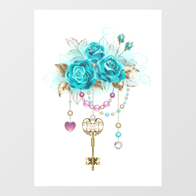 Turquoise Roses with Keys Window Cling (Sheet)